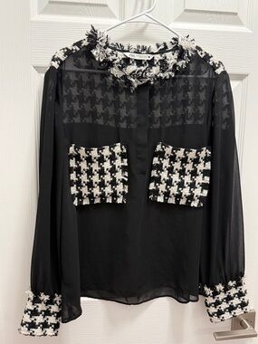 Zara Black Blouse with Black-and-White Houndstooth Trim